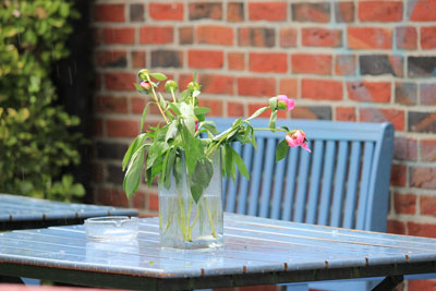 Blumen im Regen auf einem Tisch beim Café